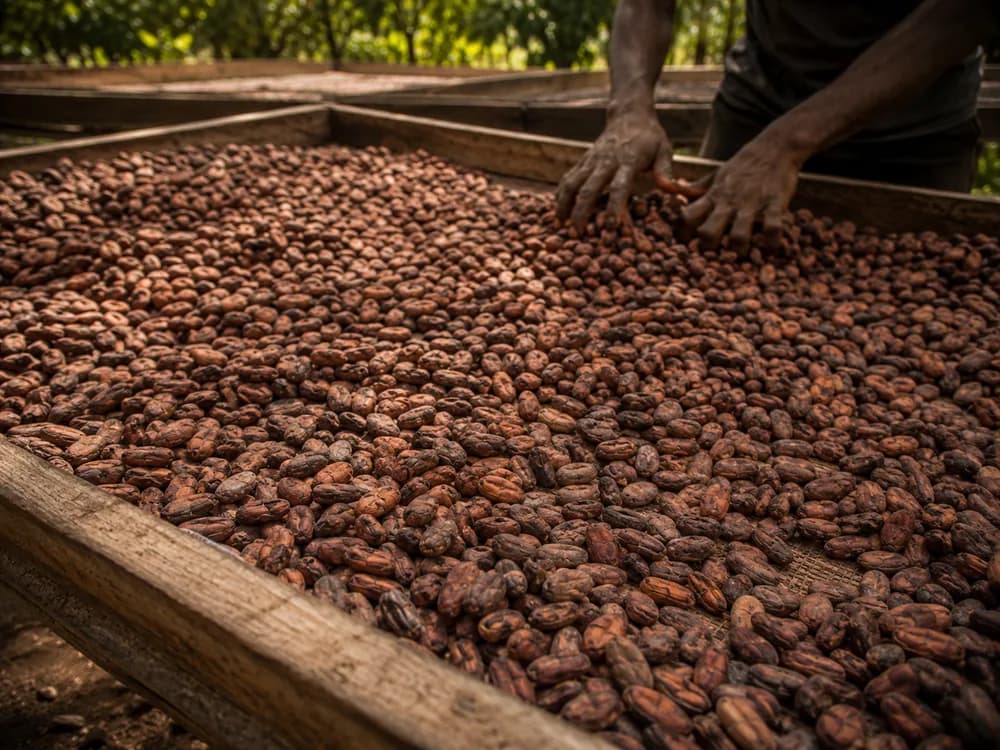Fèves de cacao en cours de séchage sur claies de bois
