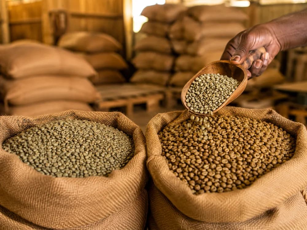 Sacs de jute remplis de café vert dans un entrepôt
