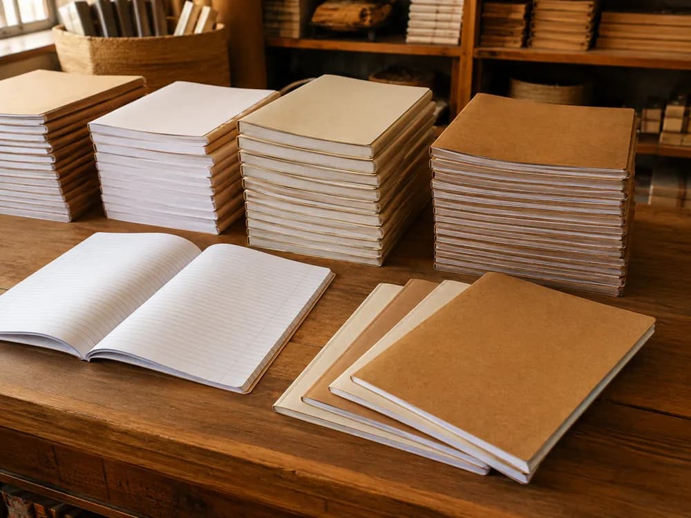 Piles de cahiers à couverture kraft sur un comptoir en bois, un cahier ouvert sur des pages lignées