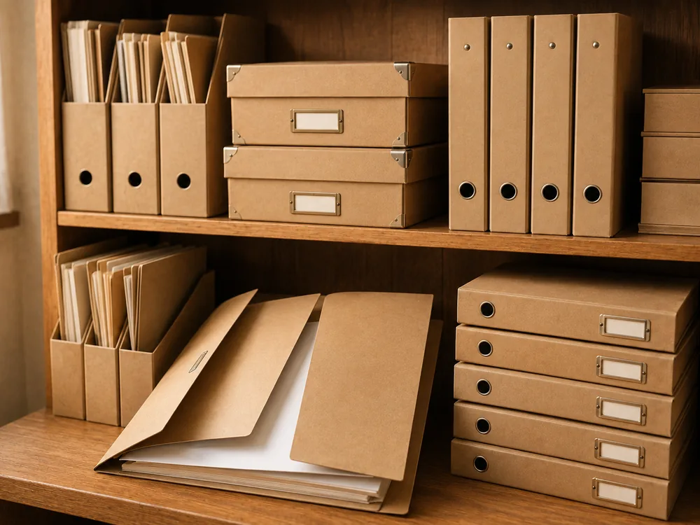 Chemises cartonnées, classeurs et boîtes d'archives kraft rangés sur une étagère
