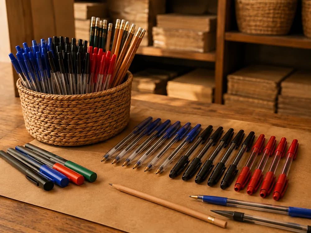 Stylos, crayons et marqueurs rangés dans un panier tressé sur un plan de travail en bois