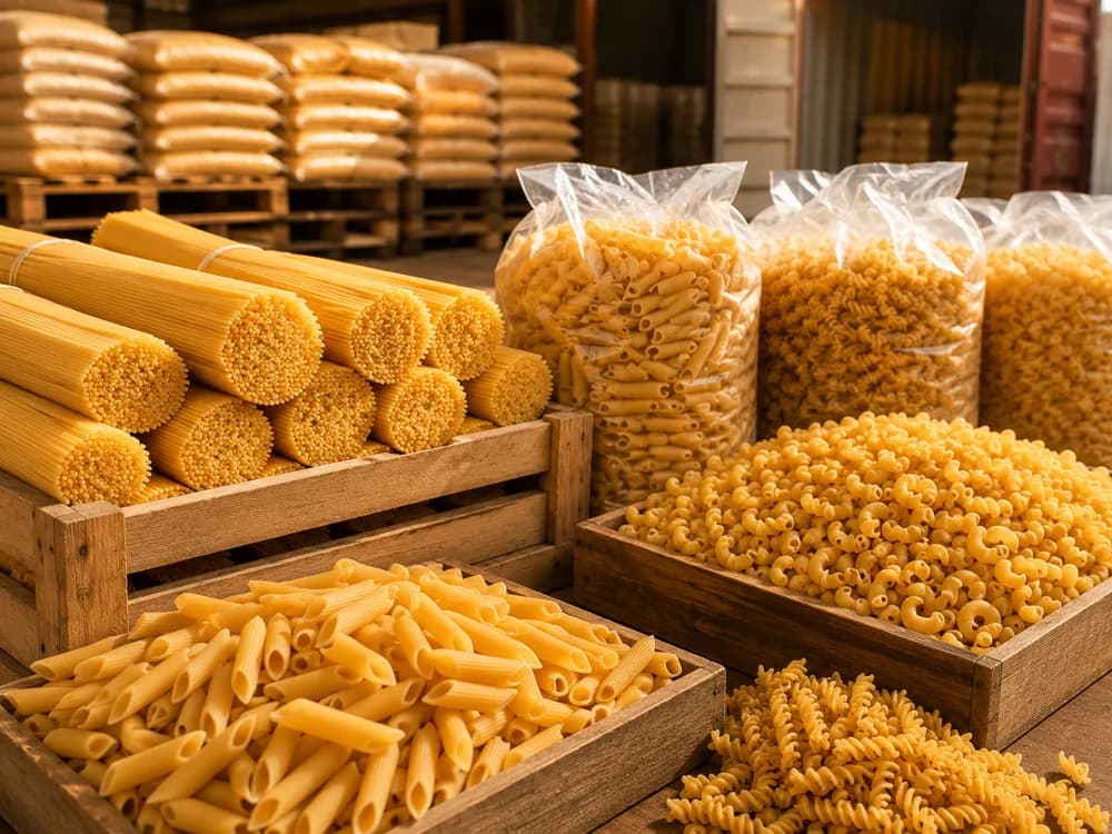 Pâtes sèches longues et courtes présentées dans des caisses en bois
