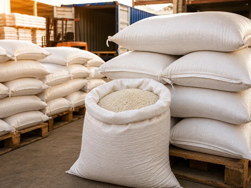 Sacs de riz empilés sur palettes dans un entrepôt