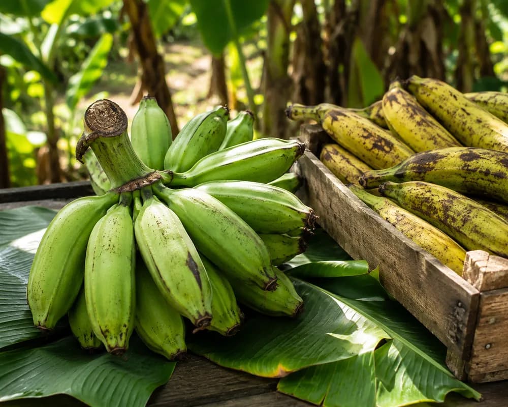 Régime de bananes plantains vertes posé sur des feuilles de bananier