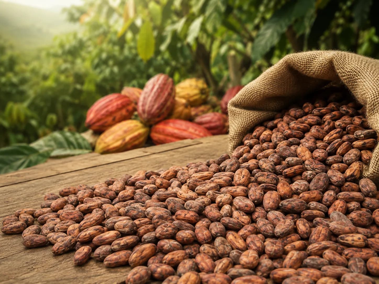 Cabosses de cacao ouvertes sur des feuilles de bananier