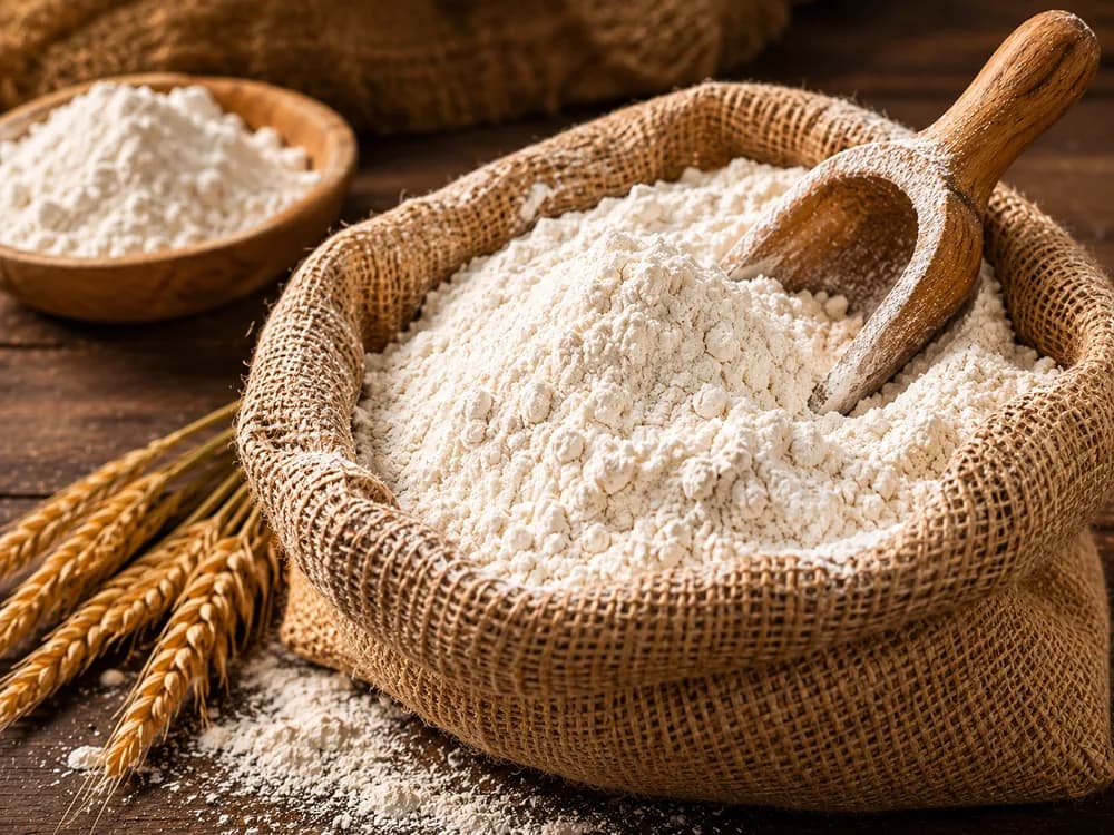 Farine blanche en sac de jute ouvert avec une pelle en bois