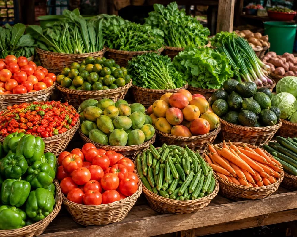 Étal de fruits et légumes frais dans des paniers tressés