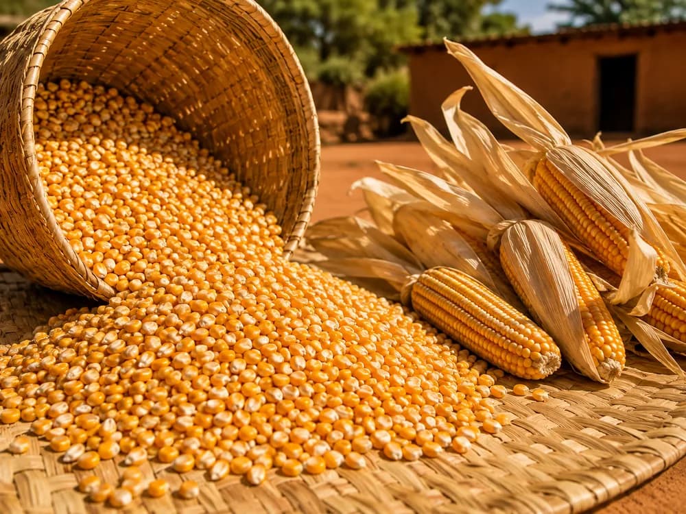 Grains de maïs jaune séchés versés dans un panier tressé